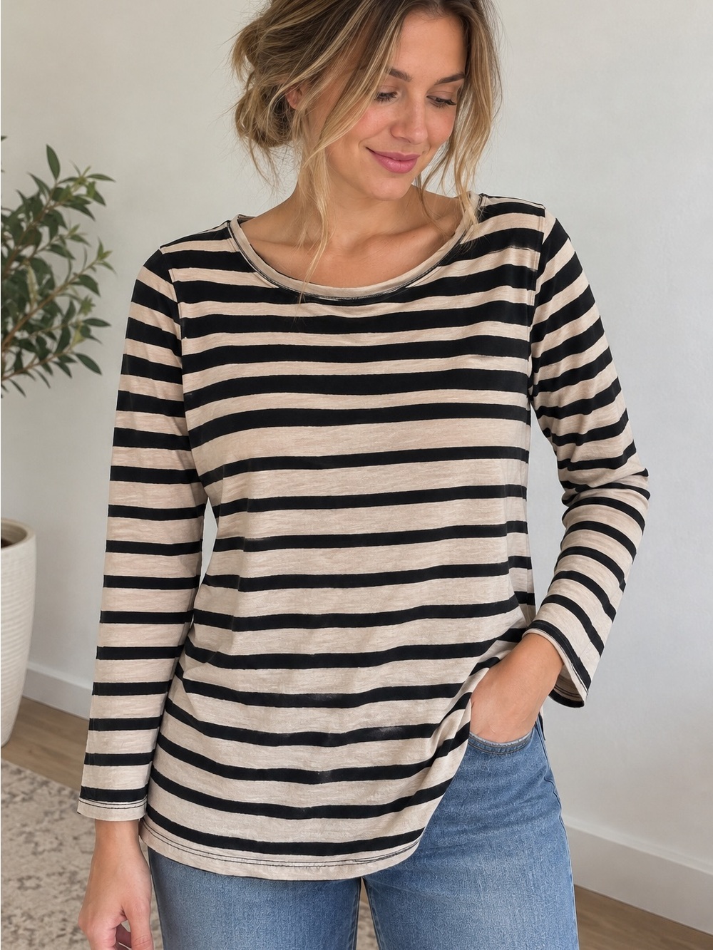 J. Crew Black and Cream Striped Long-Sleeve Tee